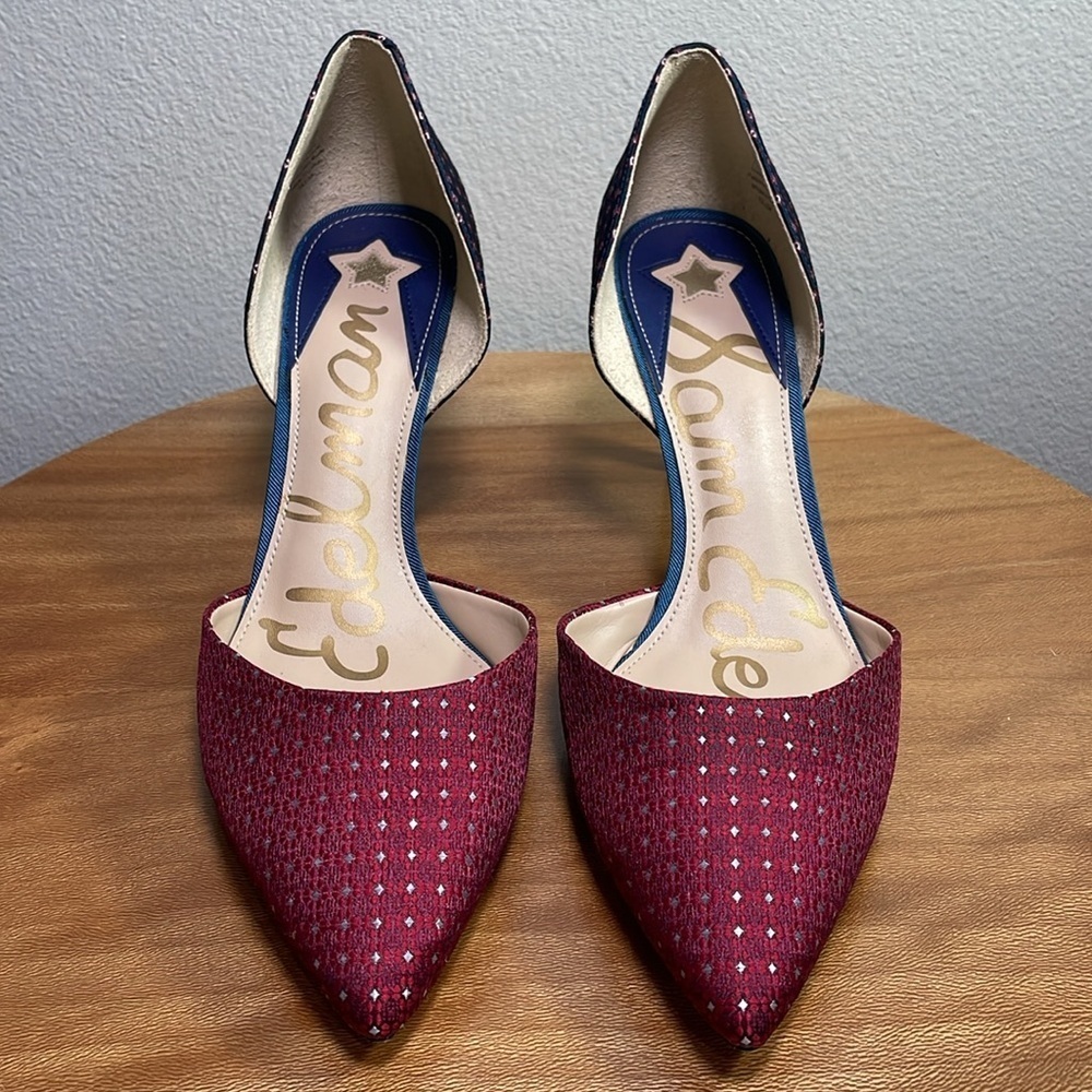 Sam Edelman D’orsay Telsa Red Blue Brocade High Heel Pumps Size 10W - Picture 3 of 16